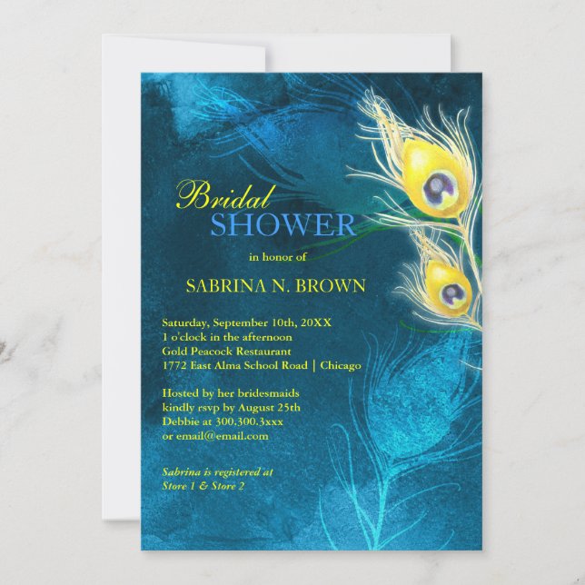 Gold Peacock Feathers Blue Bridal Shower Invitation (Front)
