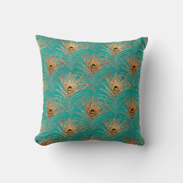 Gold Peacock Feathers on Aqua Cushion (Front)