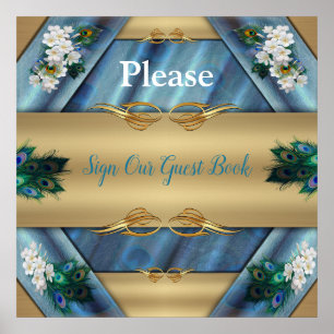 Gold, Peacock Feathers on Emerald Green Silk Poster