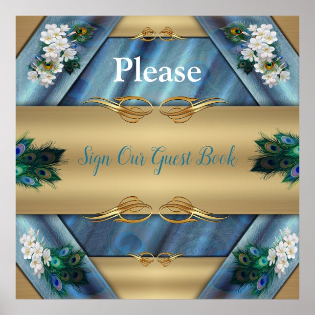 Gold, Peacock Feathers on Emerald Green Silk Poster (Front)