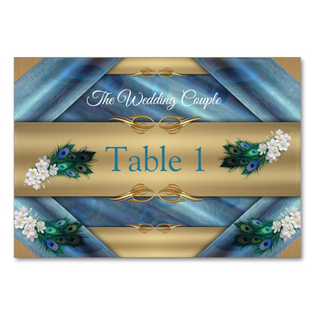 Gold, Peacock Feathers on Emerald Green Silk Table Number (Front)