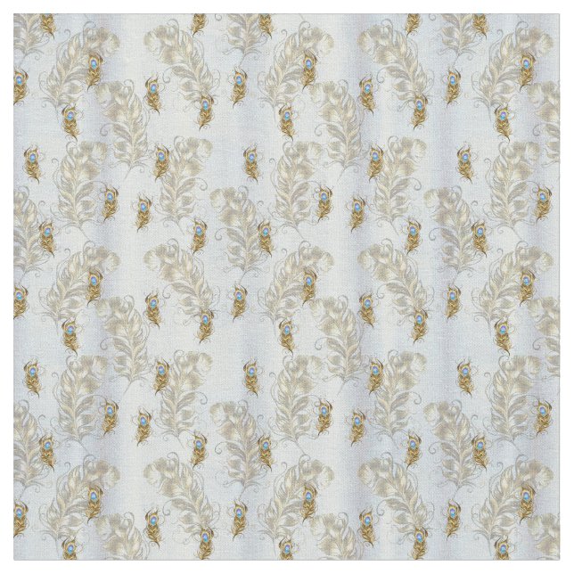 Gold - Peacock Feathers Running Print Fabric (Close Up)