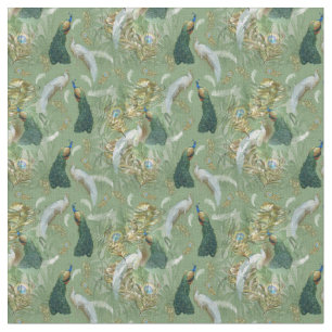 Gold - Peacock Feathers Running Print Fabric