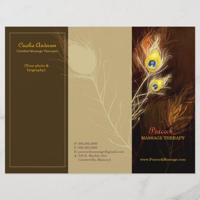 Gold Peacock Feathers Tri Fold Business Brochures (Front)