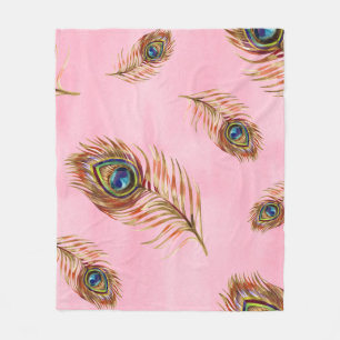 Gold peacock feathers, watercolor seamless pattern fleece blanket