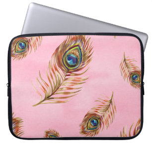 Gold peacock feathers, watercolor seamless pattern laptop sleeve
