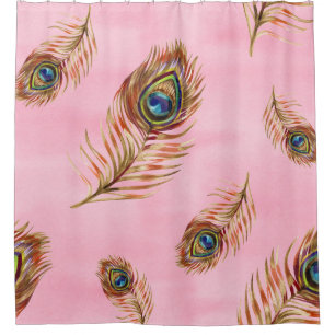 Gold peacock feathers, watercolor seamless pattern shower curtain