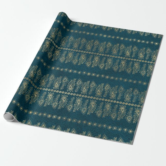 Gold Peacock Flowers on Teal Wrapping Paper (Unrolled)