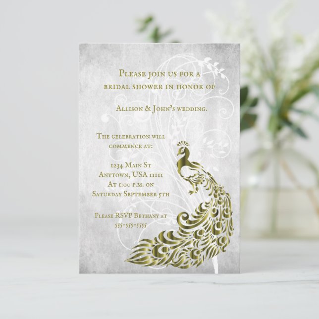 Gold Peacock Leaf Vine Bridal Shower Invite (Standing Front)