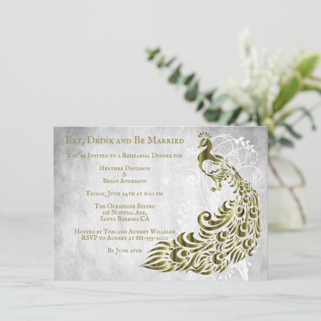 Gold Peacock Leaf Vine Rehearsal Dinner Invite (Standing Front)