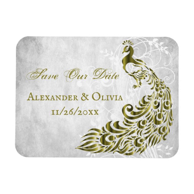 Gold Peacock Leaf Vine Save The Date Magnet (Horizontal)