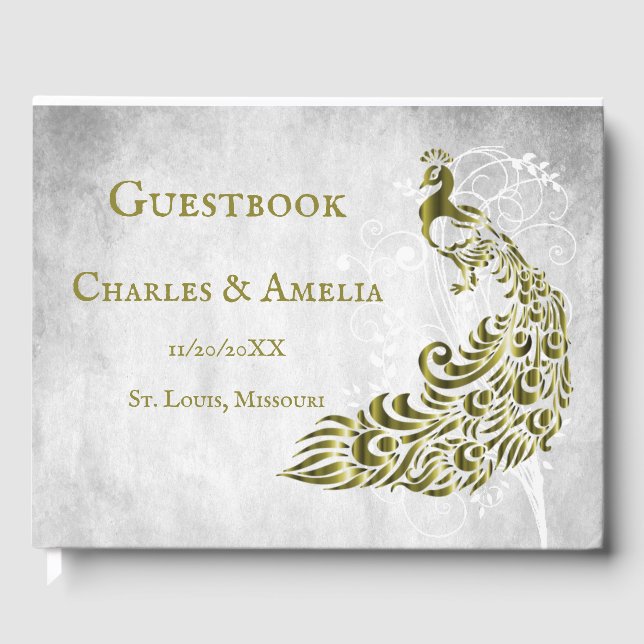 Gold Peacock Leaf Vine Wedding Guestbook (Front)