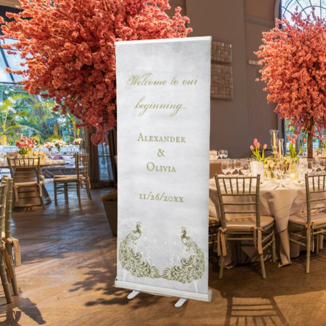 Gold Peacock Leaf Vine Wedding Retractable Banner (Gold Peacock Leaf Vine Wedding Welcome Banner)