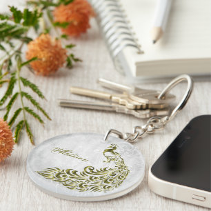 Gold Peacock Personalised Acrylic Keychain