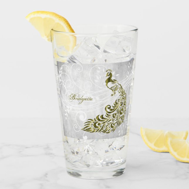 Gold Peacock Personalised Glass Cup (Front Ice)