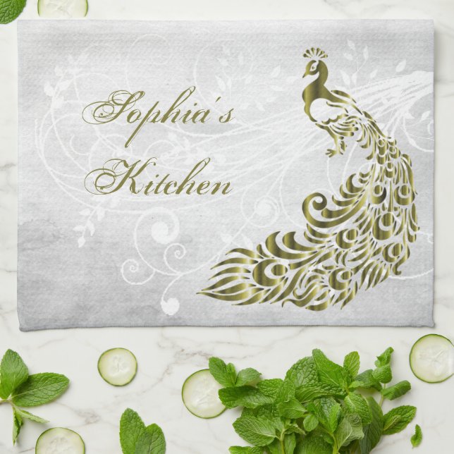 Gold Peacock Personalised Kitchen Towel (Folded)