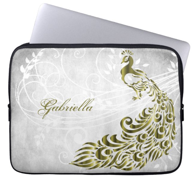 Gold Peacock Personalised Laptop Sleeve (Front)