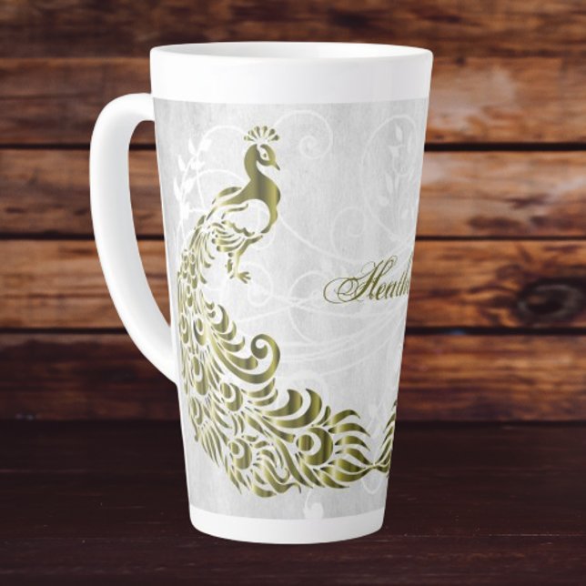 Gold Peacock Personalised Latte Mug (Gold Peacock Personalized Latte Mug)
