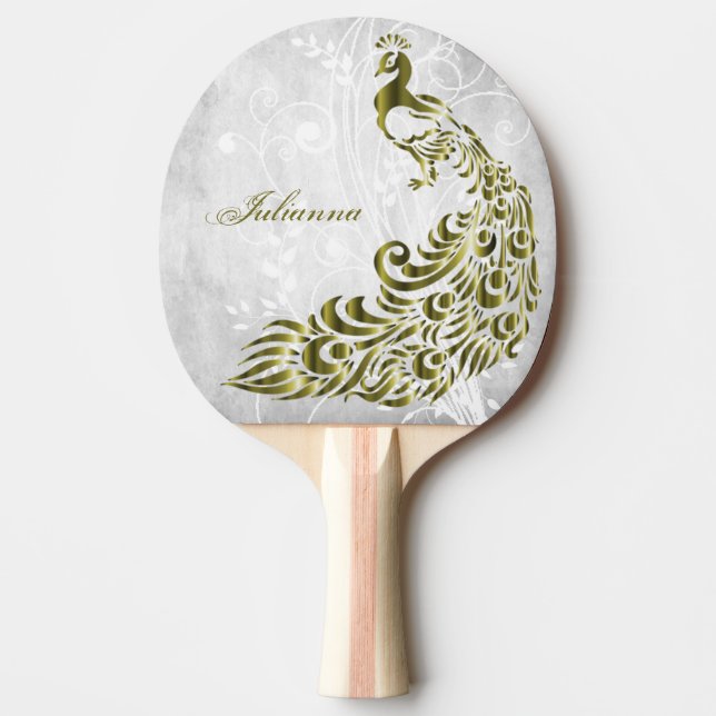 Gold Peacock Personalised Ping Pong Paddle (Front)