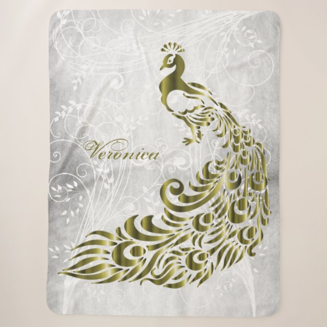 Gold Peacock Personalised Sherpa Blanket (Front)