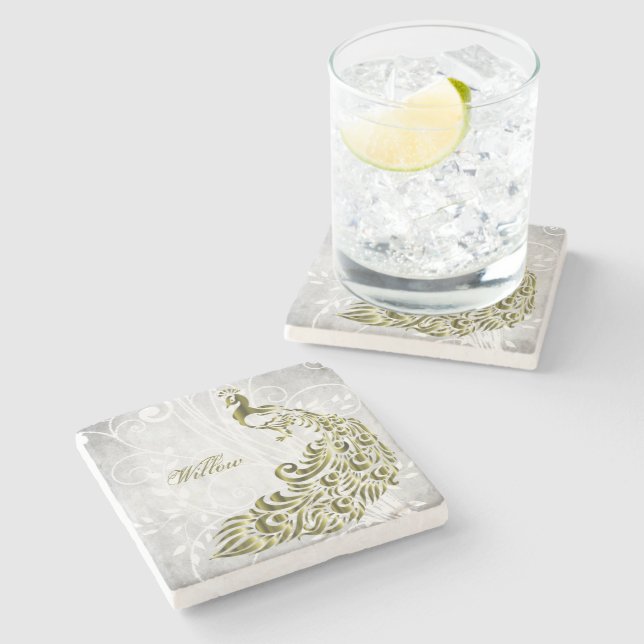 Gold Peacock Personalised Stone Coaster (Side)