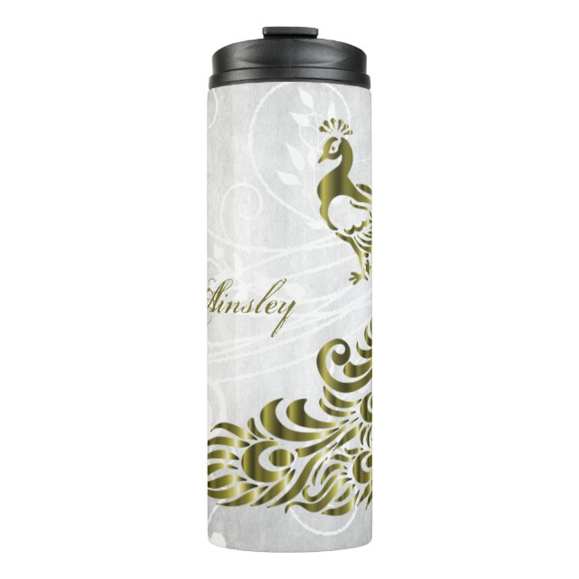Gold Peacock Personalised Thermal Tumbler (Front)