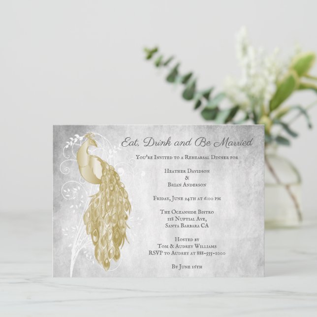 Gold Peacock Rehearsal Dinner Invitation (Standing Front)