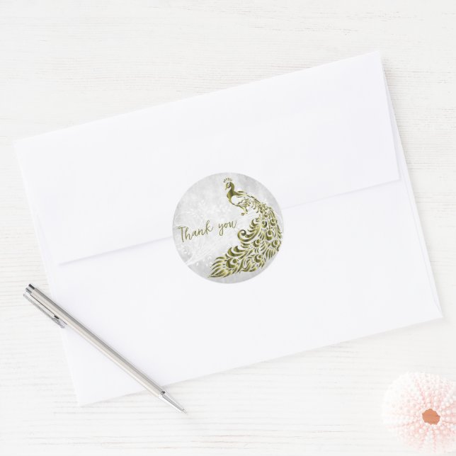Gold Peacock Thank You Classic Round Sticker (Envelope)