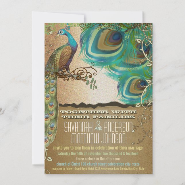 Gold Peacock Vintage 3 Feathers Invitation (Front)