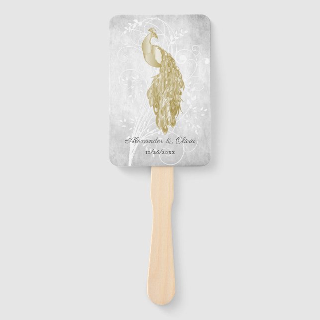 Gold Peacock Wedding Favour Hand Fan (Front)