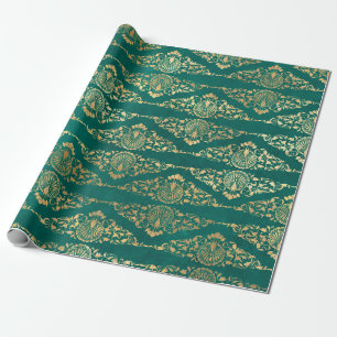 Gold Peacocks and Filigree on Green Wrapping Paper
