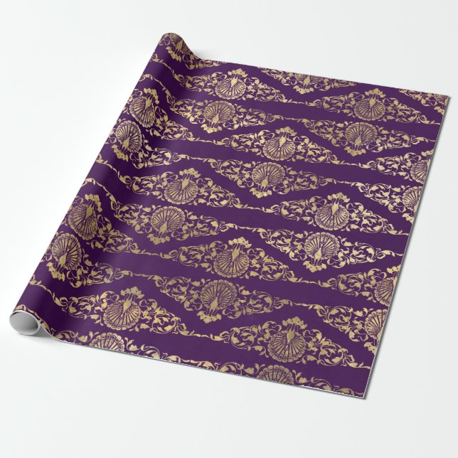 Gold Peacocks and Filigree on Purple Wrapping Paper (Unrolled)