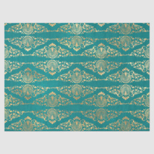 Gold Peacocks and Filigree on Teal Decoupage Tissue Paper