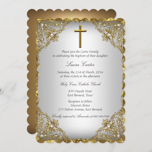 Gold Pearl Damask & Cross Baptism/Christening Invitation (Front/Back)