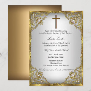 Gold Pearl Damask & Cross Baptism/Christening Invitation