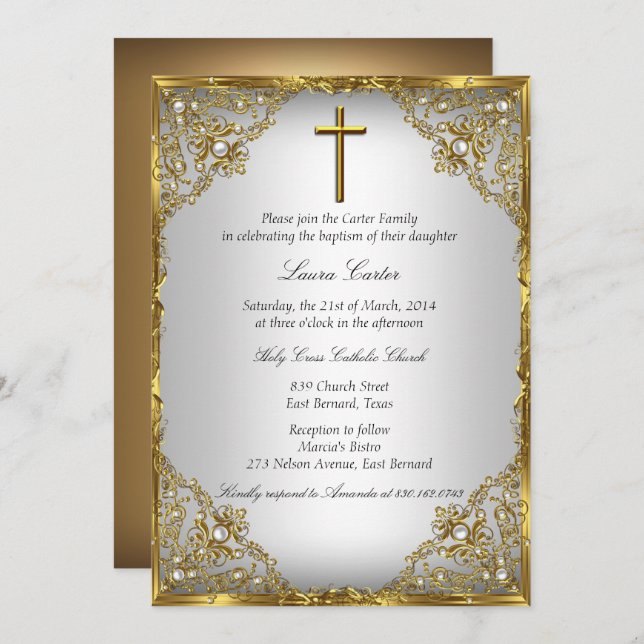 Gold Pearl Damask & Cross Baptism/Christening Invitation (Front/Back)