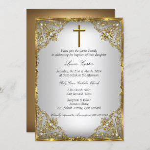 Gold Pearl Damask & Cross Baptism/Christening Invitation