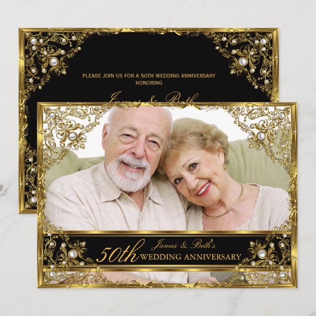 Gold Pearl Damask Photo 50th Wedding Anniversary 2 Invitation (Front/Back)