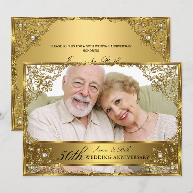 Gold Pearl Damask Photo 50th Wedding Anniversary Invitation (Front/Back)
