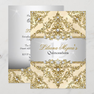 Gold Pearl Damask Quinceanera Invite