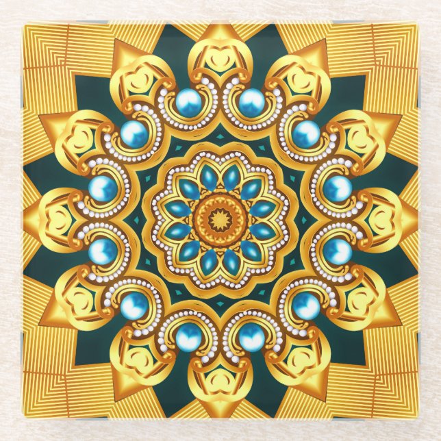 Gold Pearl Decorative Frame Illustration Glass Coaster (Front)