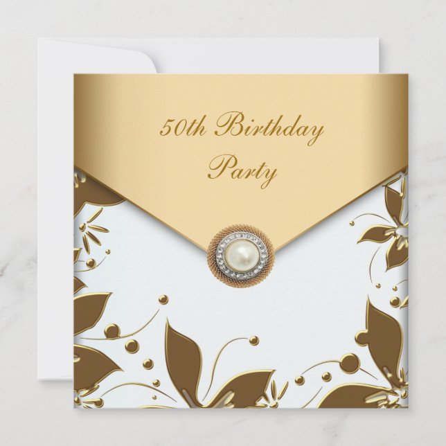 Gold Pearl Floral Jewel Womans 50th Birthday Party Invitation (Front)