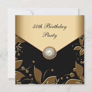 Gold Pearl Floral Womans 50th Birthday Party Invitation
