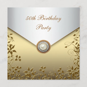 Gold Pearl Floral Womans 50th Birthday Party Invitation