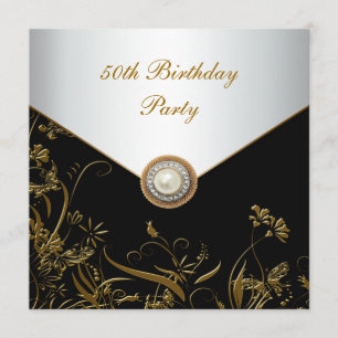 Gold Pearl Floral Womans 50th Birthday Party Invitation
