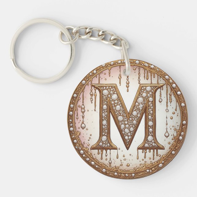 Gold Pearl Initial M Anniversary Gift Key Ring (Front)