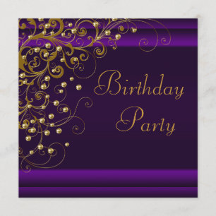 Gold Pearl Swirl Womans Purple Birthday Party Invitation