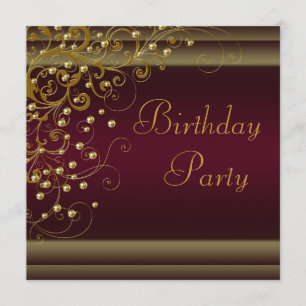 Gold Pearl Swirl Womans Red Wine Birthday Party Invitation