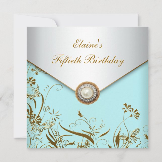 Gold Pearl Teal Womans 50th Birthday Party Invitation (Front)