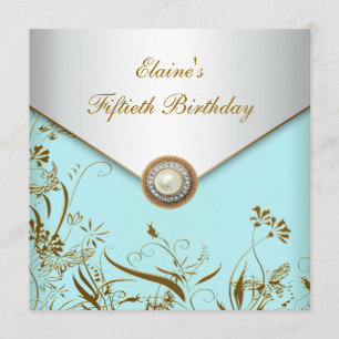Gold Pearl Teal Womans 50th Birthday Party Invitation